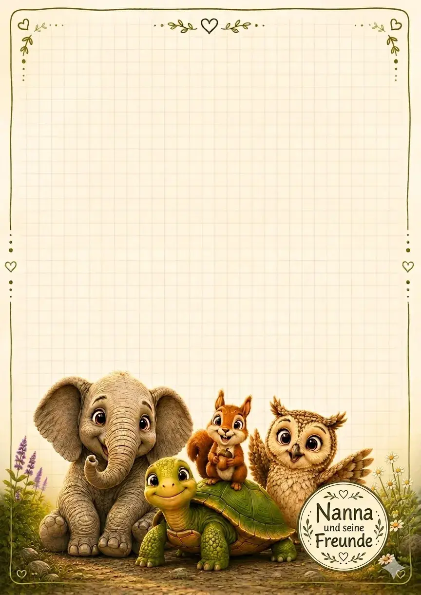 Schreibblock mit allen Figuren aus „Nanna und seine Freunde“: Nanna, Huba, Eichhörnchen und Eule